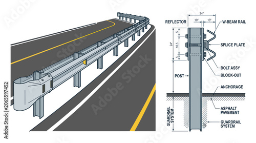 Foto Highway guardrail system with technical cross section diagram
