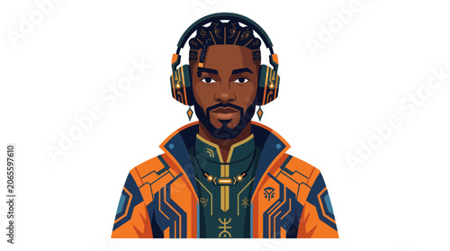 Modern black man wearing futuristic tech headphones and orange jacket