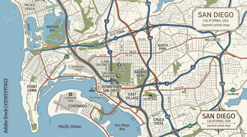 San diego california city map with roads parks and coastal districts