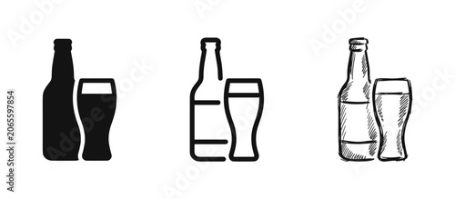 Foto Set of beer bottle and glass icons in solid, outline, and hand-drawn sketch styl