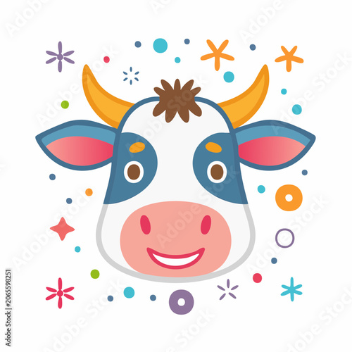 Cute Cartoon Cow Face with Colorful Confetti and Stars