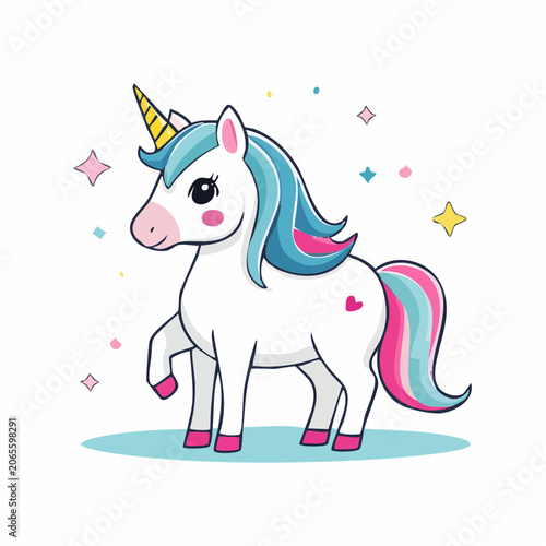 Cute Cartoon Unicorn with Colorful Mane and Tail