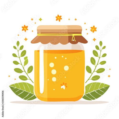 Flat design illustration of a jar of honey with leaves and flowers