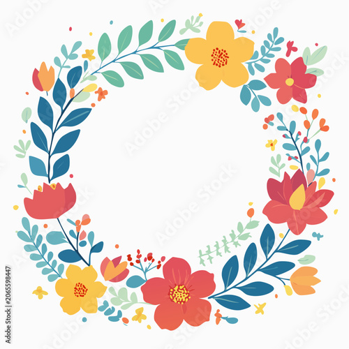 Floral Wreath with Colorful Flowers and Leaves