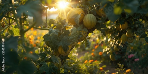 Vine full of ripe melons th...