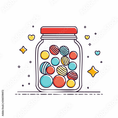 Jar of Colorful Marbles with Stars and Hearts