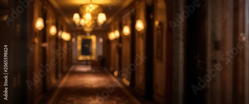 Dimly lit hotel corridor wi...