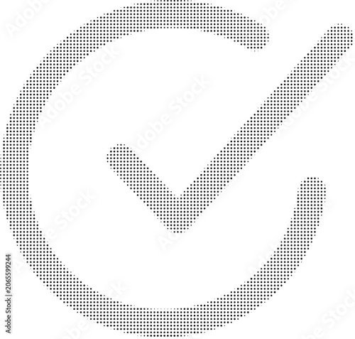 A large gray checkmark icon on transparent background with dotwork texture