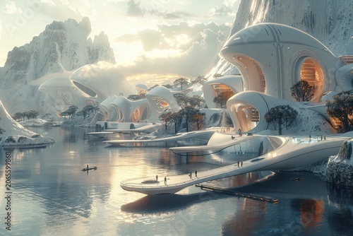 Futuristic ferrock cityscape rising beside reflective water at sunrise