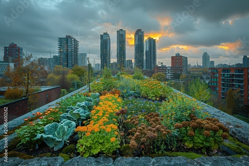 Green rooftop garden growing vegetables above a dense urban skyline