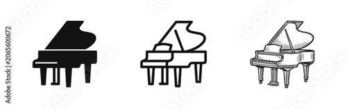 Photography Grand Piano Icon Set: Solid, Outline, and Sketch Styles