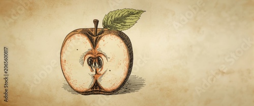 Realistic engraved apple illustration in vintage style featuring half apple and leaf