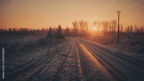 Snowy road at sunset with t...