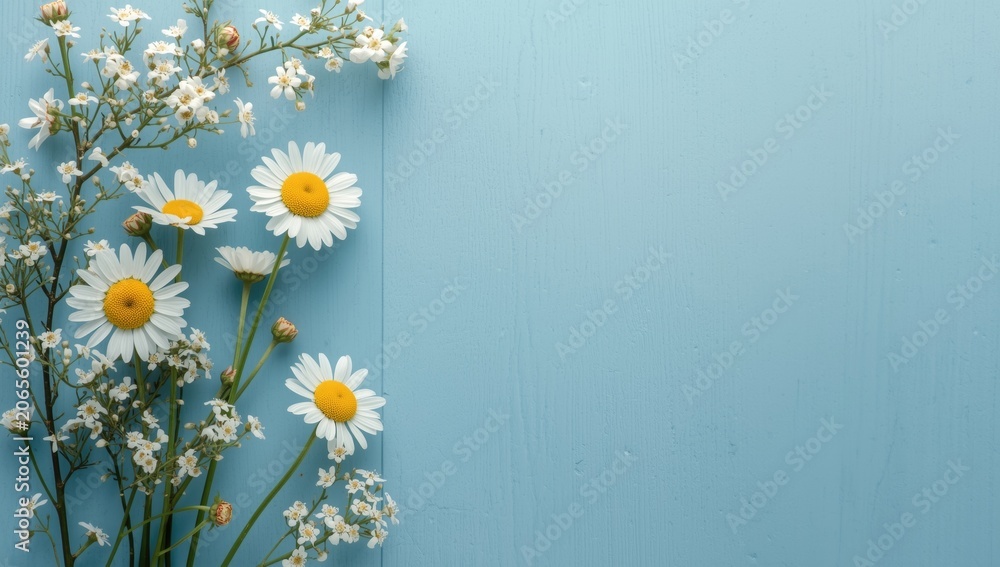 Obraz premium White daisies and small flowers on blue background