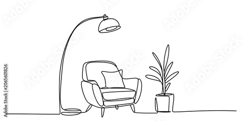 Canvastavla Continuous line drawing of armchair lamp and house plant