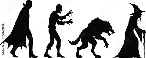 Black silhouette of four people dancing in a row dance movement