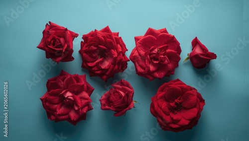 Red roses arranged on a blu...