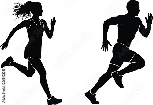 Black silhouette of two people running, dynamic motion, minimalist style
