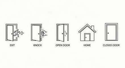 Simple line icons for home entrance and exit actions.