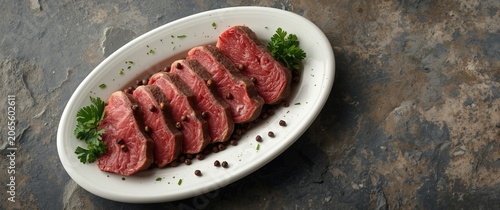 Sliced raw beef on a white ...