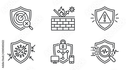 Antivirus protection and secure firewall line icons.