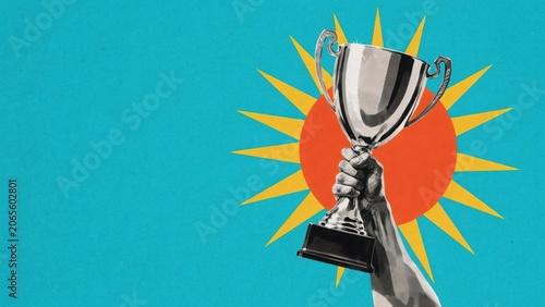 Hand holding trophy cup with sunburst background symbolizing achievement