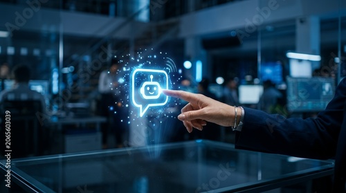 Human finger touching glowing AI chatbot speech bubble hologram in high-tech corporate office workspace with artificial intelligence hologram technology business interaction corporate