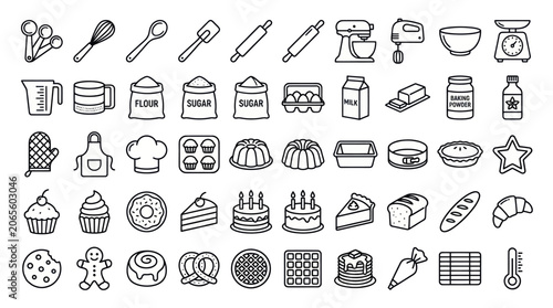 Baking and kitchen utensil line icon set.