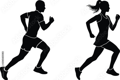 Two black silhouettes running in dynamic poses against white background