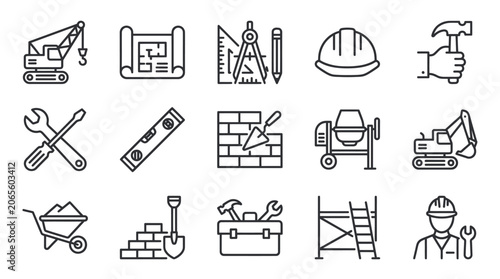 Valokuva Building construction and manual labor tool line icon set