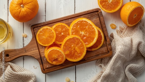 Sliced oranges on a wooden ...