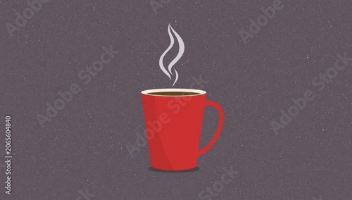Red coffee cup with steam on a textured background