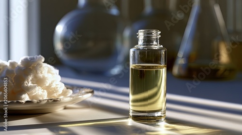 Clear liquid in a small glass bottle with white solid chunks