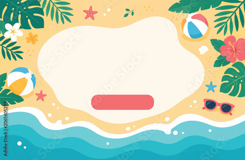 Summer Beach Background with Tropical Leaves Sea Waves and Copy Space