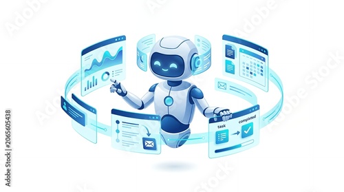 Cute futuristic AI robot interacting with floating digital data dashboard panels and business metrics on a white background artificial intelligence technology automation dashboard