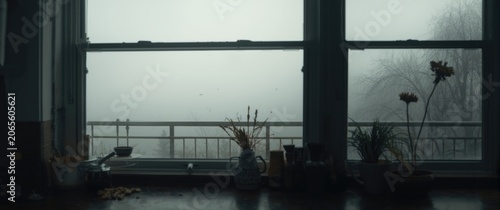 Window view with foggy land...