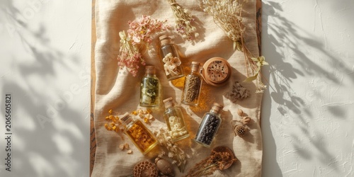 Herbal bottles and dried fl...