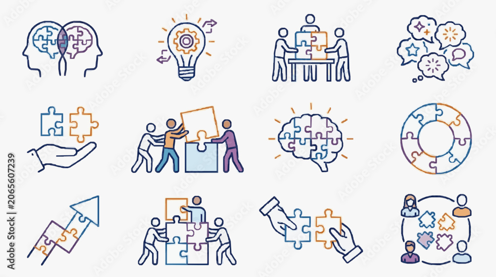 Fototapeta premium Creative Showing Team Collaboration Brainstorming Innovation and Problem Solving Concepts with high quality professional line art symbols for modern creative design and digital branding projects