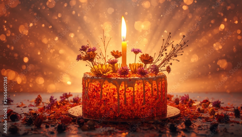 Fototapeta premium Luminous confetti cake decorated with a burning candle and wildflowers on a radiant bright background with space for text