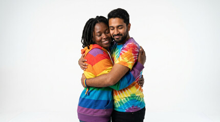 A tender couple sharing a warm hug in rainbow and tie-dye shirts against a clean white background radiates acceptance and love, perfect for LGBTQ advocacy and pride month use.