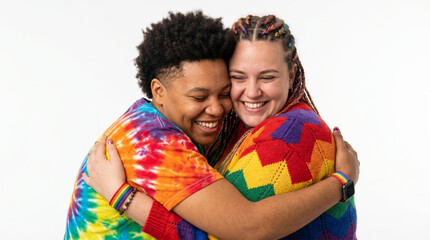 Two women share a joyful embrace wearing vibrant rainbow and tie-dye clothing against a white background, perfect for Pride Month diversity, equality, and happiness imagery.