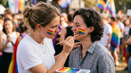Two smiling women paint colorful rainbow pride flags on each other's cheeks at a sunny outdoor pride celebration, ideal for LGBTQ visibility and pride month advertising.