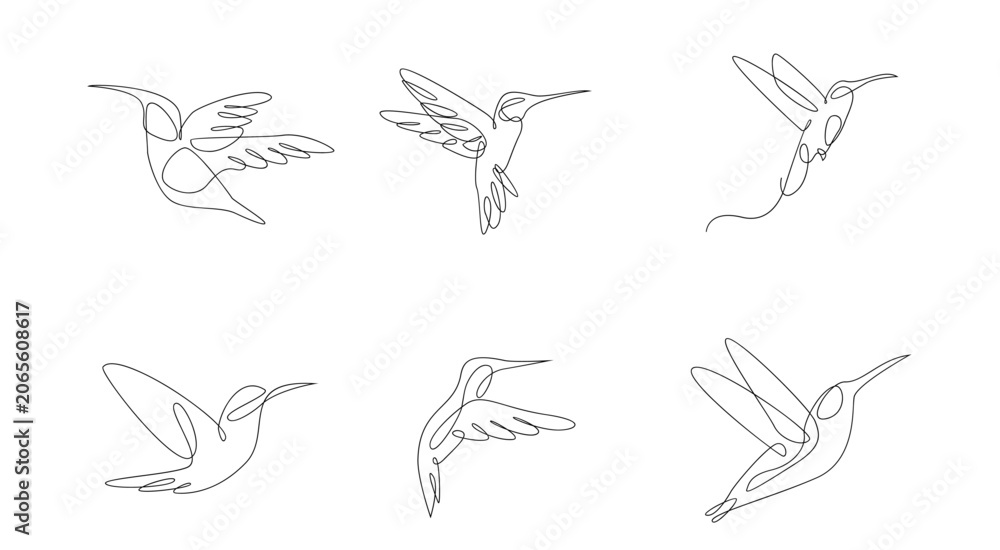 Obraz premium Minimalist Continuous Line Art Hummingbirds Collection. Elegant flying bird illustrations in one line style.