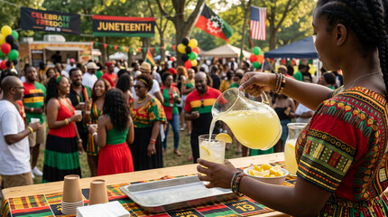 Refreshing yellow lemonade being poured into a clear glass by an unrecognizable person during a sunny outdoor Juneteenth holiday celebration, capturing community joy and summer freedom vibes.