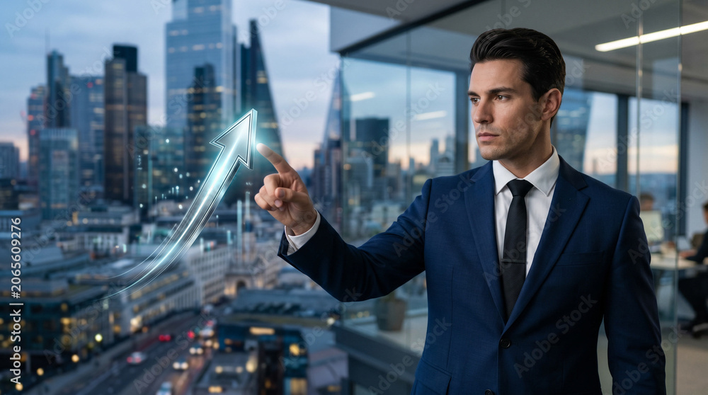 Fototapeta premium A young businessman in a blue suit points upward at a gleaming silver holographic rising arrow against a blurred London cityscape through glass office windows at dusk, an impactful visual for business