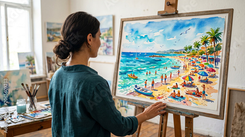 An artist leans toward a colorful large watercolor painting of a vibrant beach scene on an easel in a sunlit studio, perfect for art, creativity, and lifestyle content.