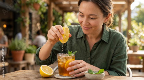 A smiling woman at an outdoor cafe table squeezes a lemon wedge into a glass of iced tea garnished with mint, great for lifestyle drink and summer beverage advertising.
