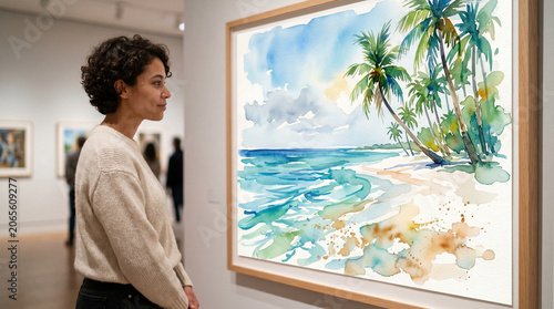 A woman stands in a bright art gallery studying a watercolor painting of a tropical beach scene framed in light wood, suitable for art, culture, and travel lifestyle campaigns.