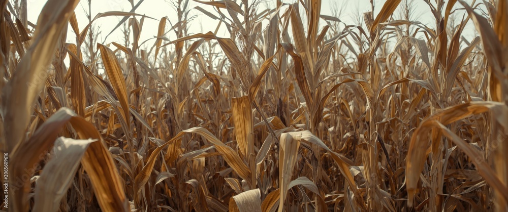 Fototapeta premium Post harvest landscape featuring large dry corn stalks in a yellow cornfield
