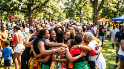 A joyful group of African American women and families sharing warm hugs at a Juneteenth summer park celebration with vendor tents and decorations in the background, ideal for cultural heritage content